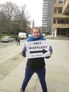 Sophie advertising the waffle sale outside George Square Lecture Theatre